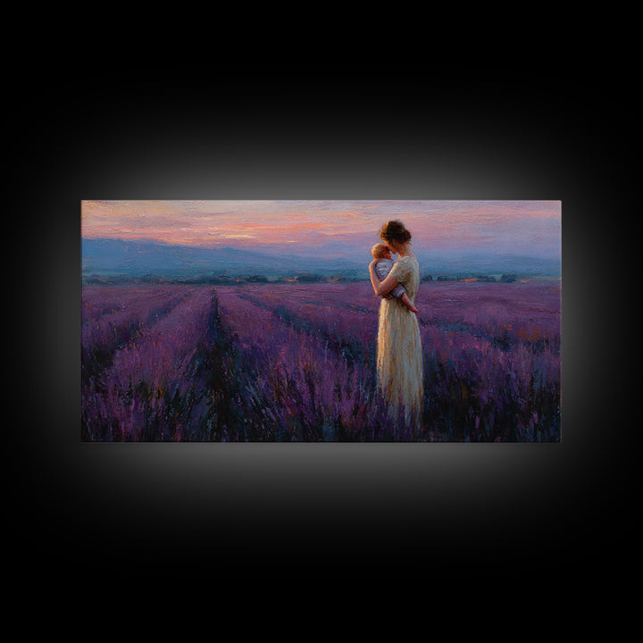 Mother And Baby In Lavender Field At Rose Dusk Canvas Print, Purple Landscape Wall Art, Mothers Day Gift, Romantic Home Decor