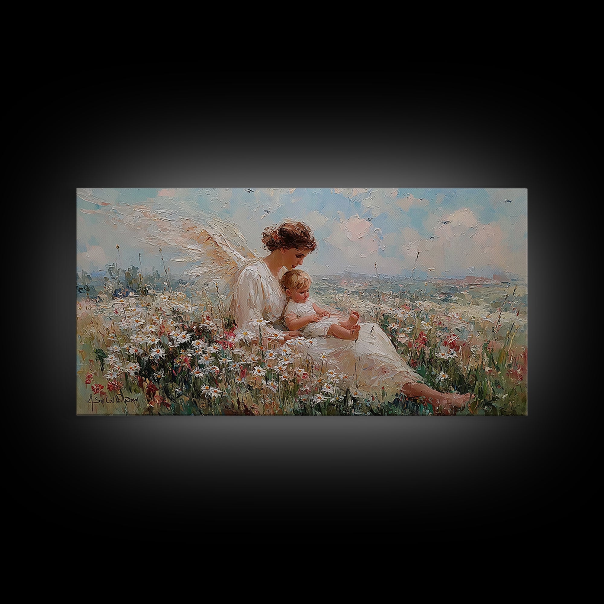 Seated Angel Holding Baby In Daisy Wildflower Meadow Framed Canvas Print, Christian Nursery Wall Art, Spiritual Home Decor