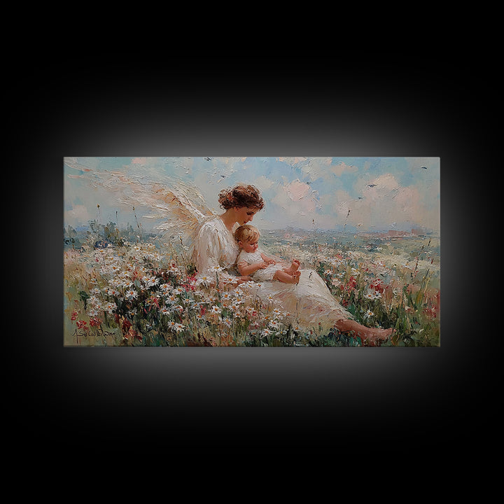 Seated Angel Holding Baby In Daisy Wildflower Meadow Framed Canvas Print, Christian Nursery Wall Art, Spiritual Home Decor