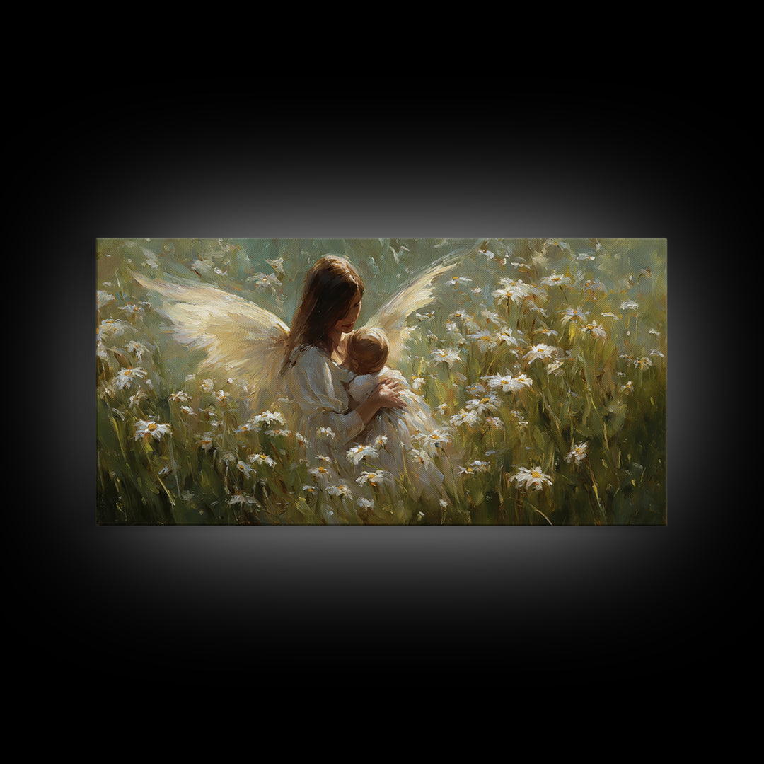 Guardian Angel Mother And Baby In Daisy Meadow Wall Art, Christian Nursery Decor, Spiritual Gift, Feminine Bedroom Decor
