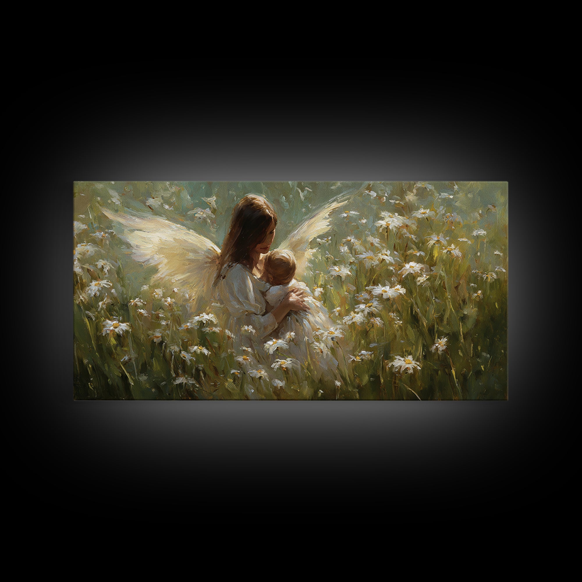 Guardian Angel Mother And Baby In Daisy Meadow Wall Art, Christian Nursery Decor, Spiritual Gift, Feminine Bedroom Decor