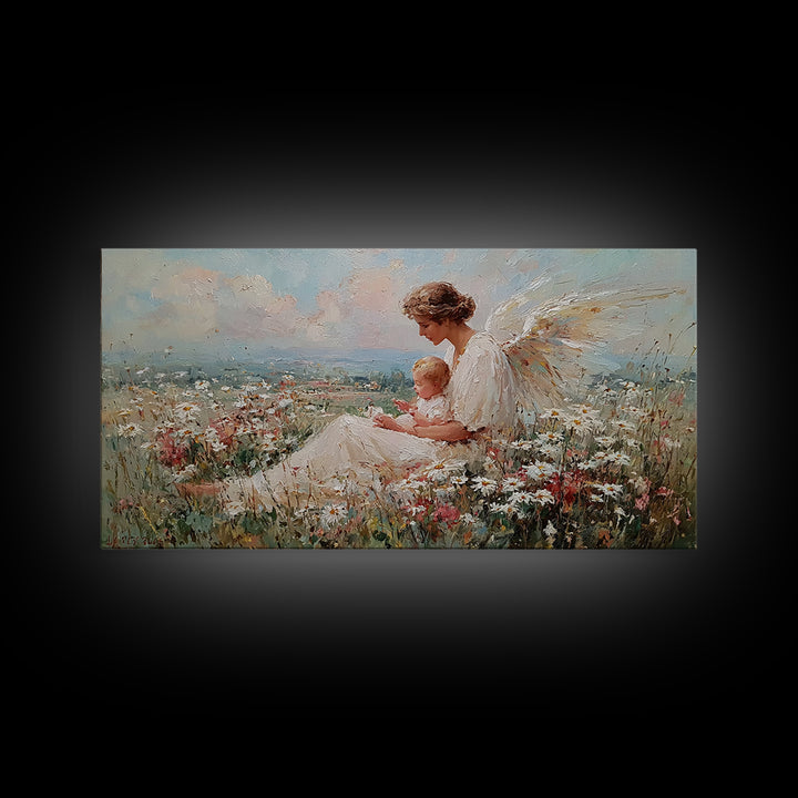 Angel Mother And Baby Over Wildflower Hills Canvas Print, Christian Wall Art, Nursery Decor, Housewarming Gift For Her, Living Room Decor