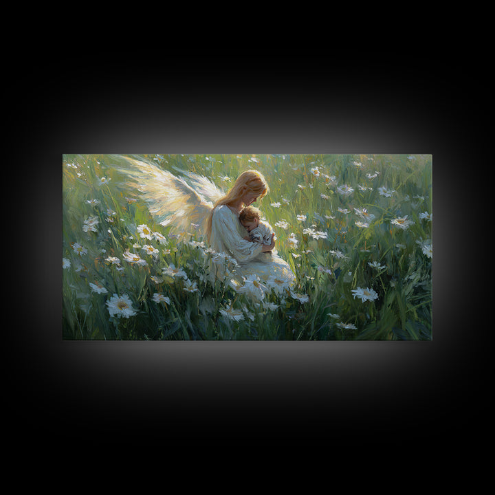 Golden Winged Mother And Sleeping Child In Daisy Field Framed Canvas Print, Christian Nursery Wall Art, Calming Bedroom Decor