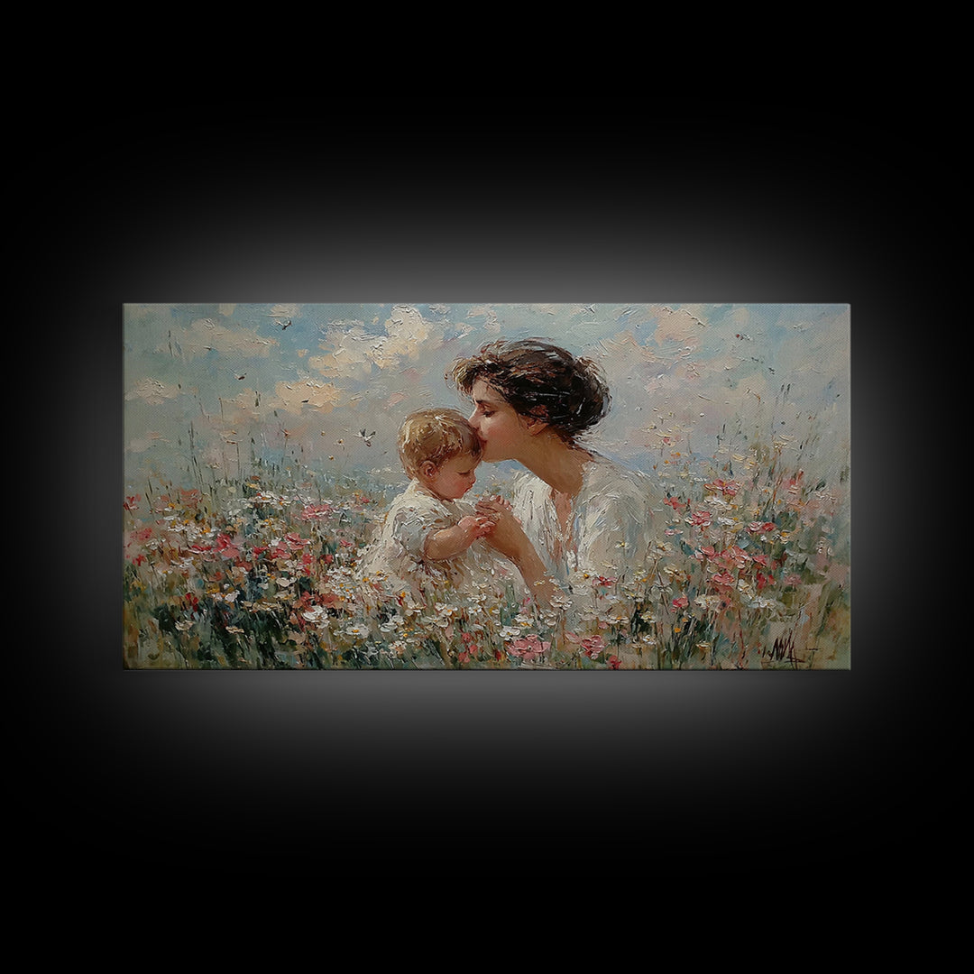 Mother Kissing Baby Among Wildflowers Wall Art, Impressionist Christian Art Print, Nursery Decor, Gift For Mom, Living Room Wall Art