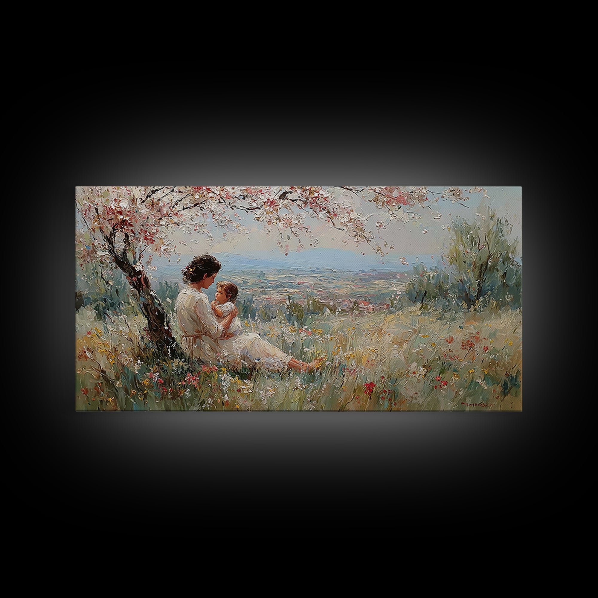 Mother And Child In Blooming Hillside Meadow Canvas Print, Spring Wall Art, Feminine Nursery Decor, Housewarming Gift, Living Room Decor