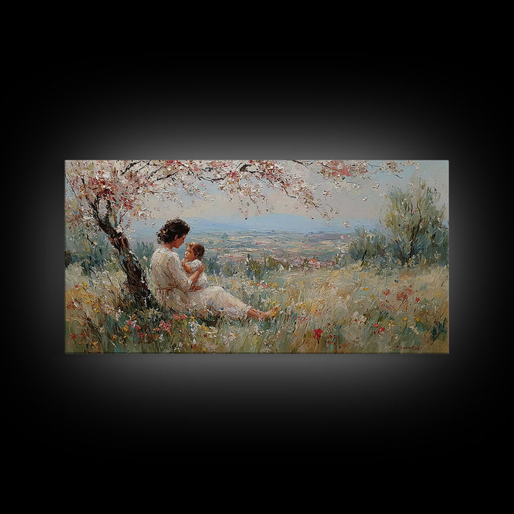 Mother And Child In Blooming Hillside Meadow Canvas Print, Spring Wall Art, Feminine Nursery Decor, Housewarming Gift, Living Room Decor