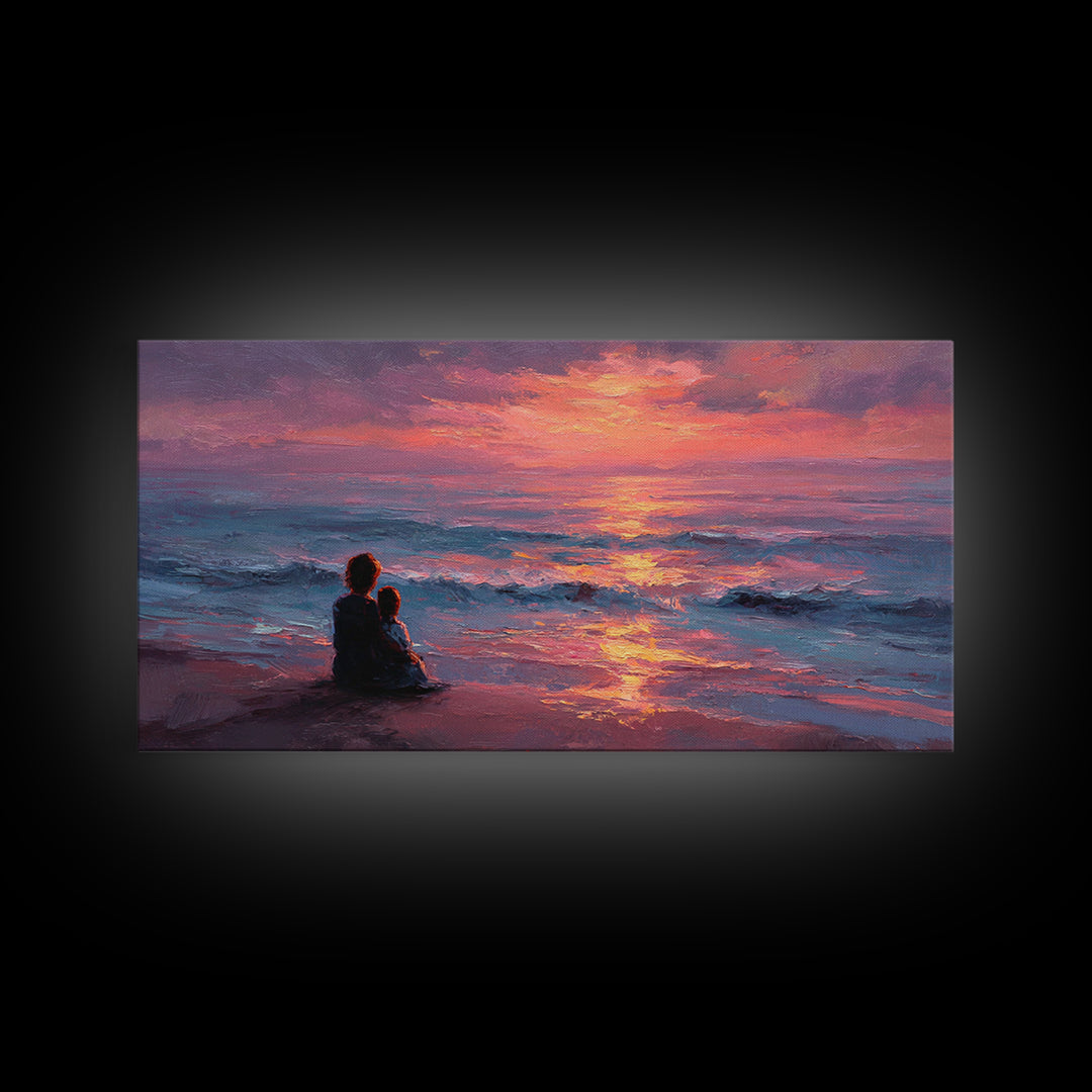 Mother And Child Watching Ocean Sunset Wall Art, Coastal Beach Canvas Print, Gift For Mom, Nursery Decor, Bedroom Wall Decor