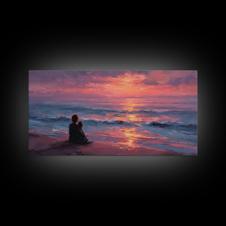 Mother And Child Watching Ocean Sunset Wall Art, Coastal Beach Canvas Print, Gift For Mom, Nursery Decor, Bedroom Wall Decor