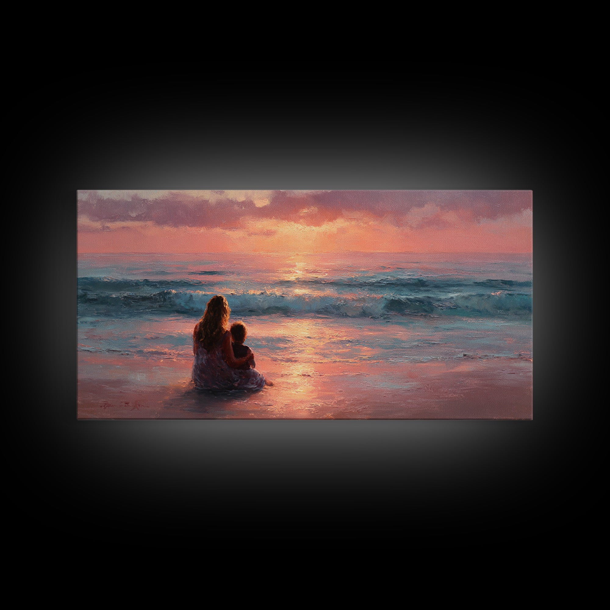Mother And Child By Pink Ocean Sunset Wall Art, Coastal Seascape Canvas Print, Gift For Mom, Nursery Decor, Living Room Art