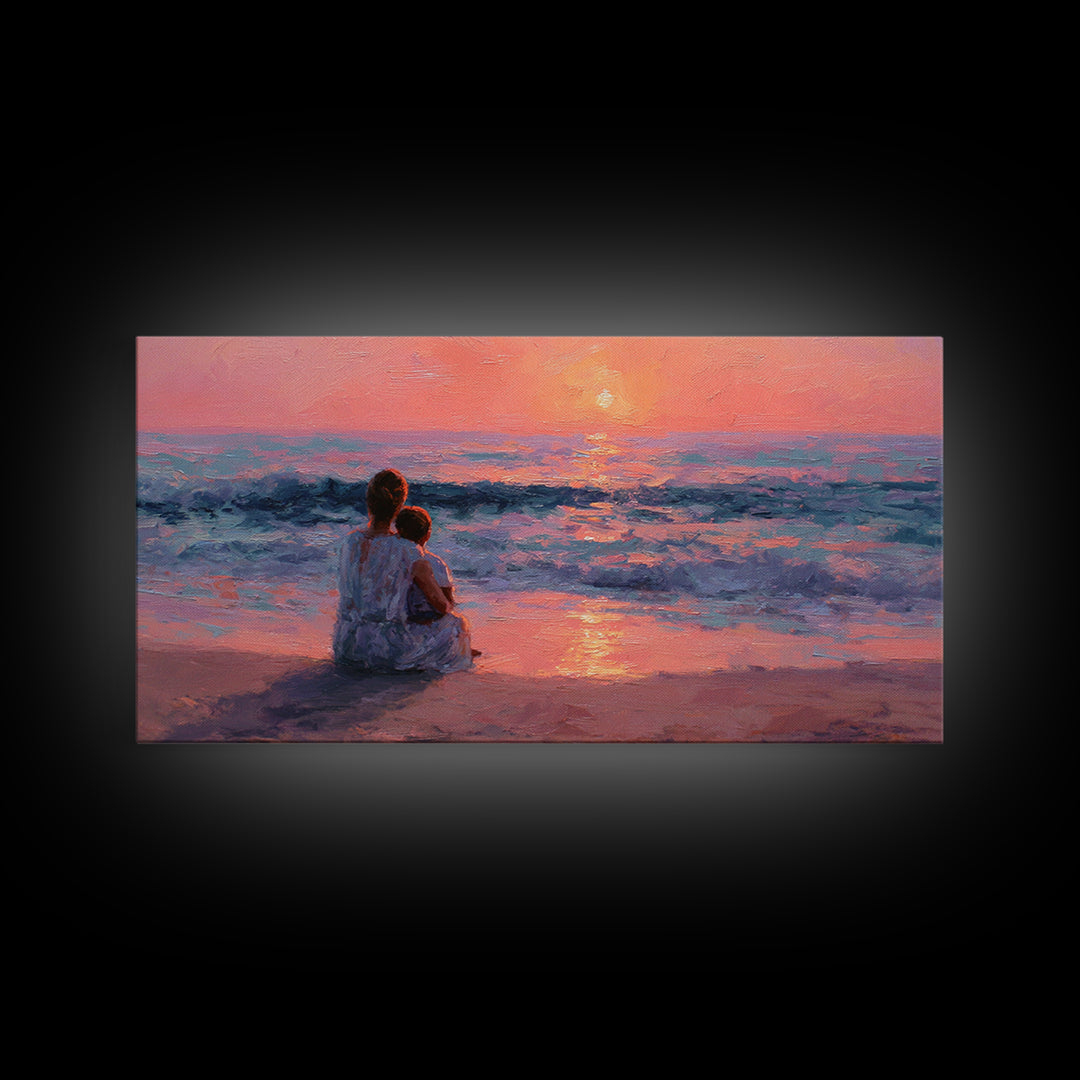 Mother Holding Baby At Rose Ocean Sunset Wall Art, Coastal Canvas Print, Nursery Decor, Gift For Mom, Romantic Bedroom Art