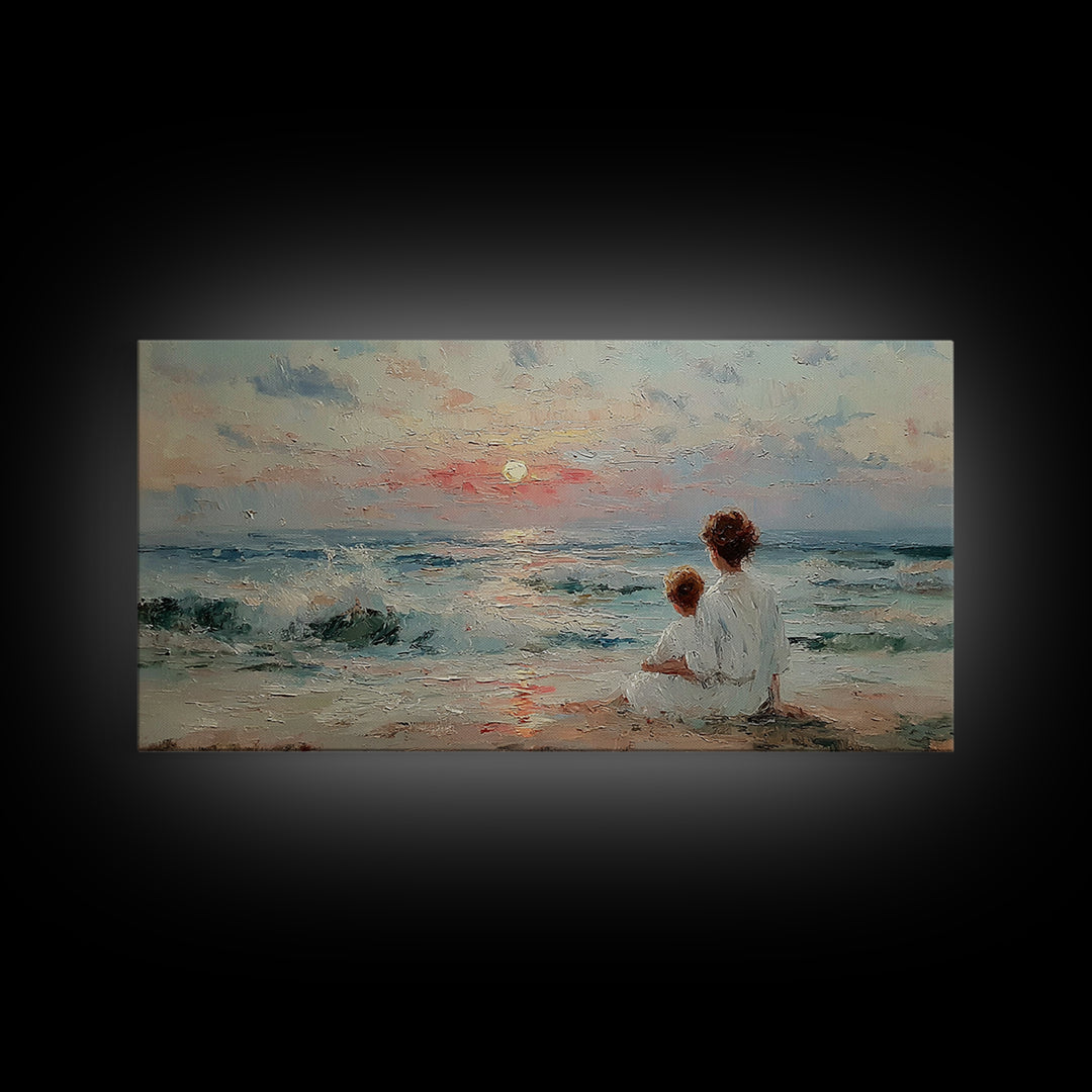 Mother And Child Seaside Sunrise Framed Canvas Print, Pastel Coastal Wall Art, Nursery Decor, Gift For Mom, Beach House Decor