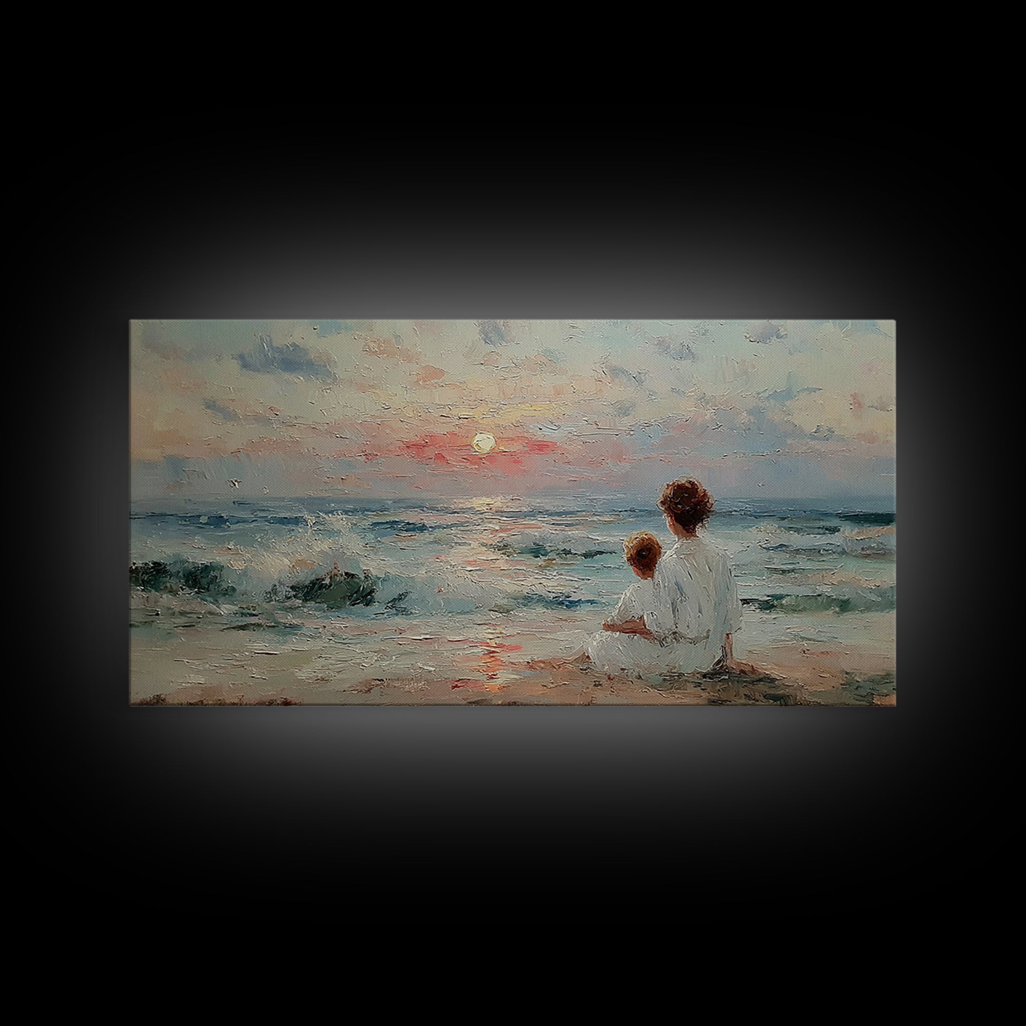 Mother And Child Seaside Sunrise Framed Canvas Print, Pastel Coastal Wall Art, Nursery Decor, Gift For Mom, Beach House Decor