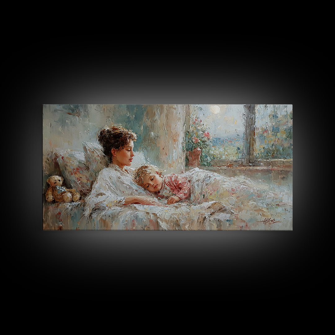 Mother And Child Morning Bedtime Wall Art, Impressionist Canvas Print, Nursery Decor, Gift For Mom, Cozy Bedroom Wall Decor