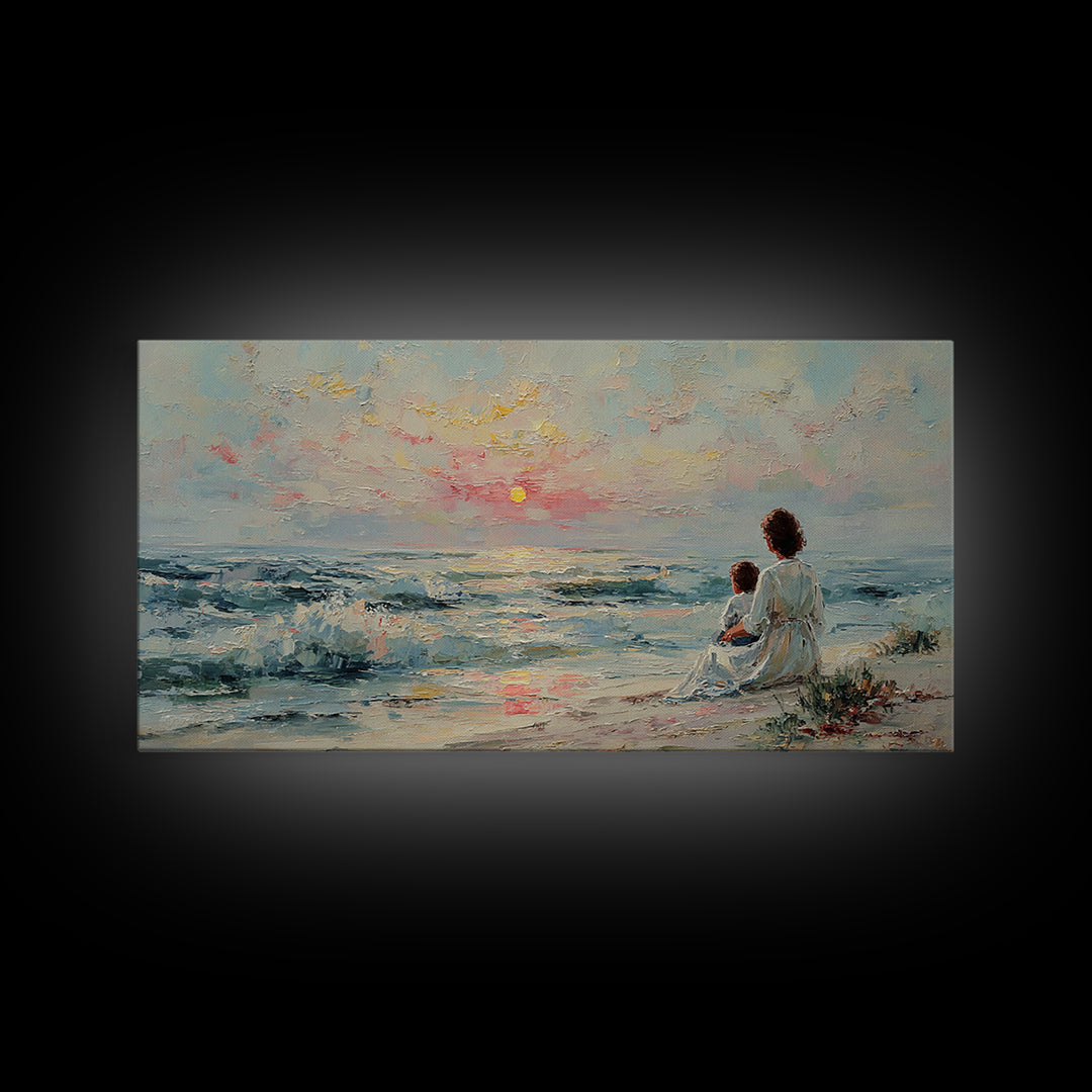 Mother And Child Watching Pastel Sea Sunset Wall Art, Coastal Framed Canvas Print, Nursery Decor, Gift For Mom, Beach Decor