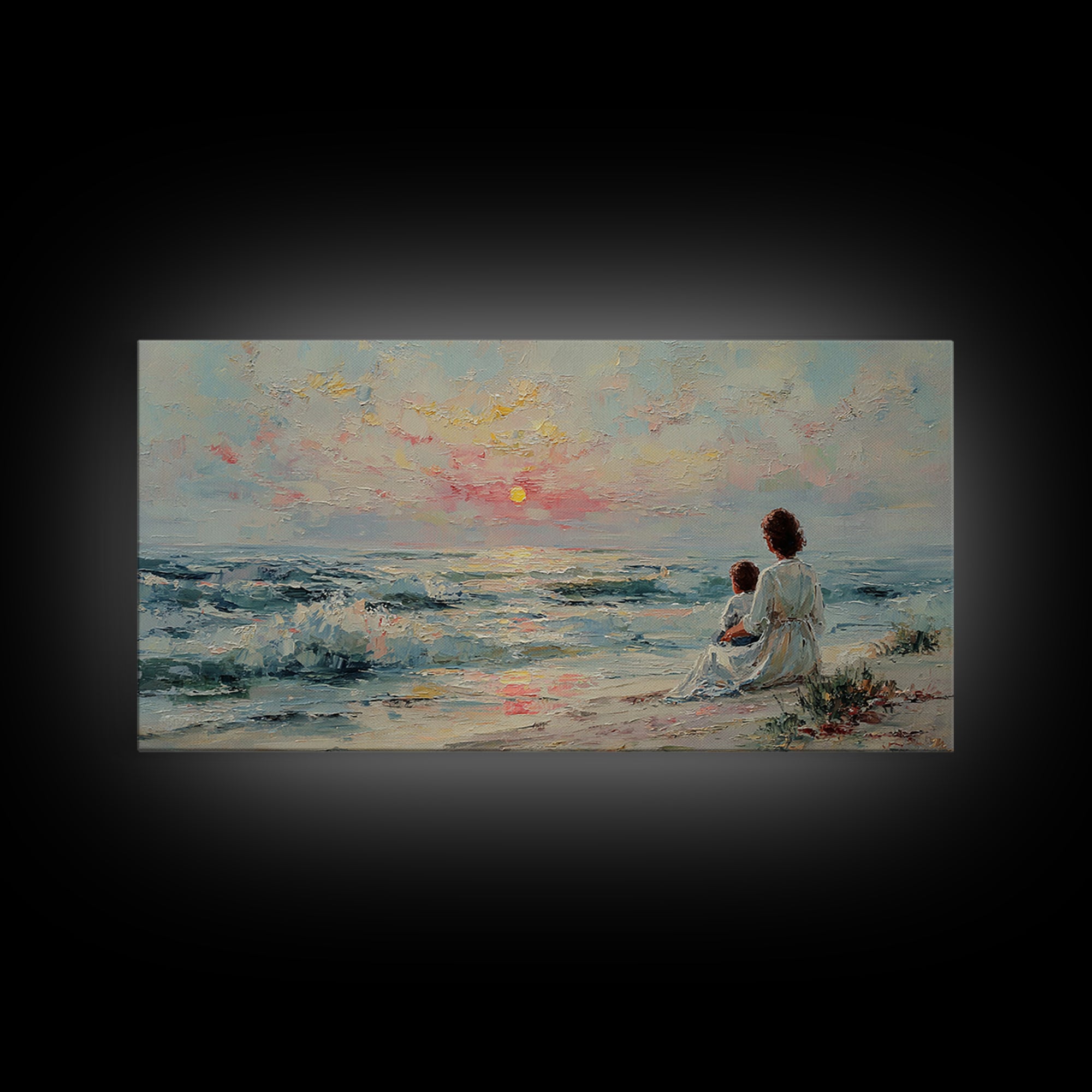 Mother And Child Watching Pastel Sea Sunset Wall Art, Coastal Framed Canvas Print, Nursery Decor, Gift For Mom, Beach Decor