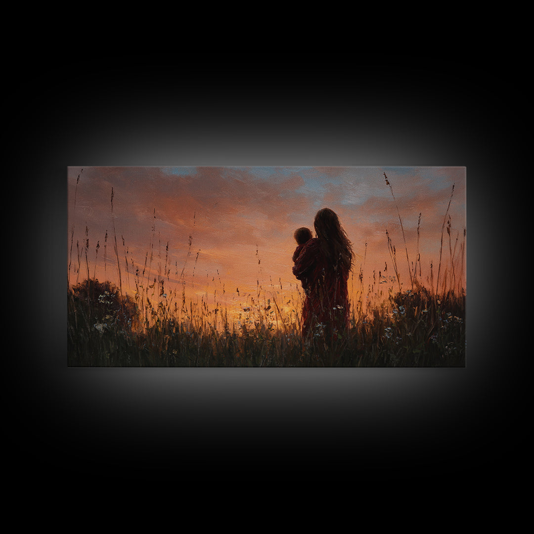 Mother And Baby Silhouette At Golden Sunset Wall Art, Rustic Landscape Canvas Print, Nursery Decor, Gift For Mom, Moody Wall Art
