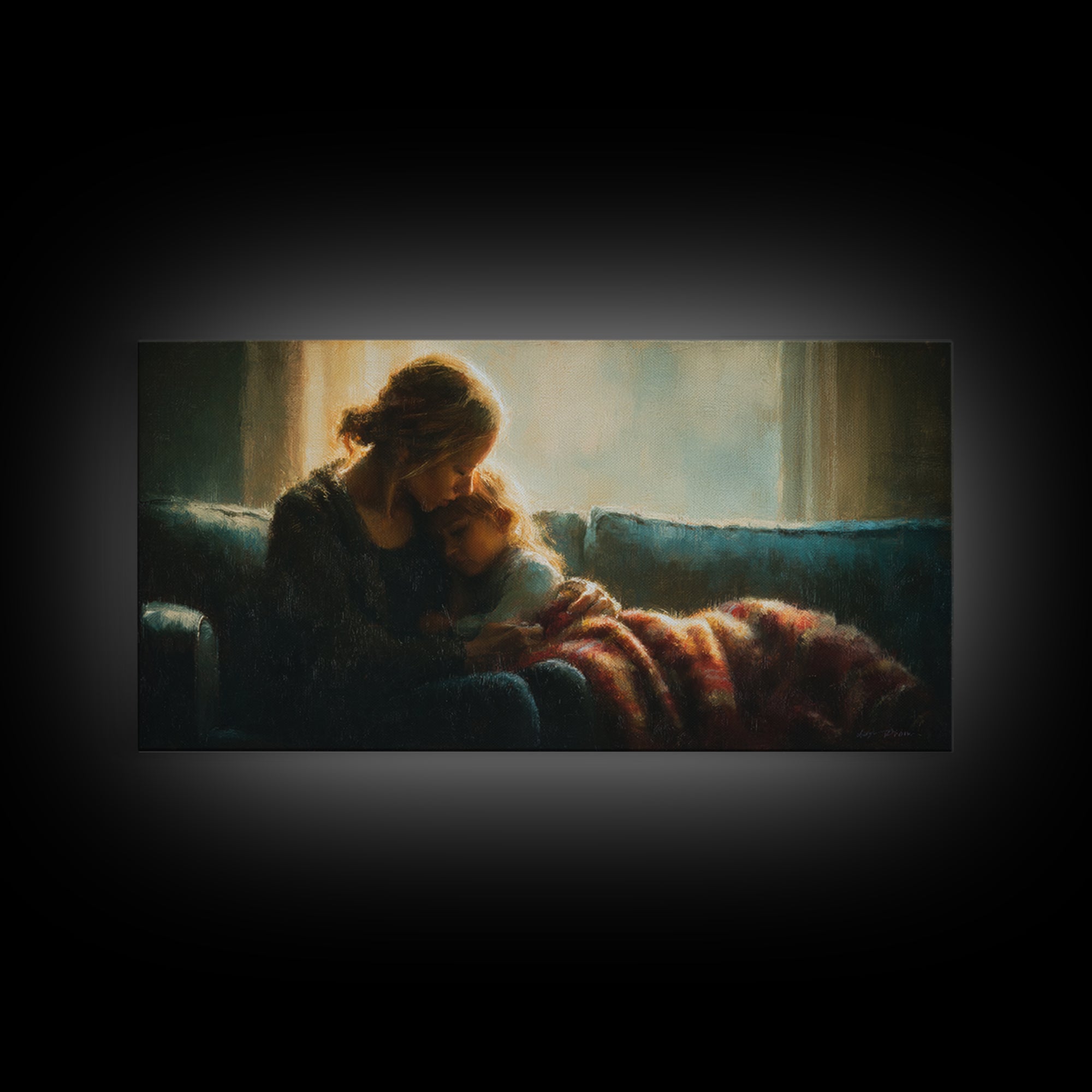 Mother Cuddling Child By Window Wall Art, Moody Bedroom Canvas Print, Nursery Decor, Gift For Mom, Cozy Home Decor, Fine Art