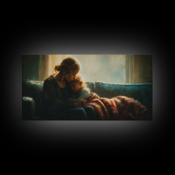 Mother Cuddling Child By Window Wall Art, Moody Bedroom Canvas Print, Nursery Decor, Gift For Mom, Cozy Home Decor, Fine Art