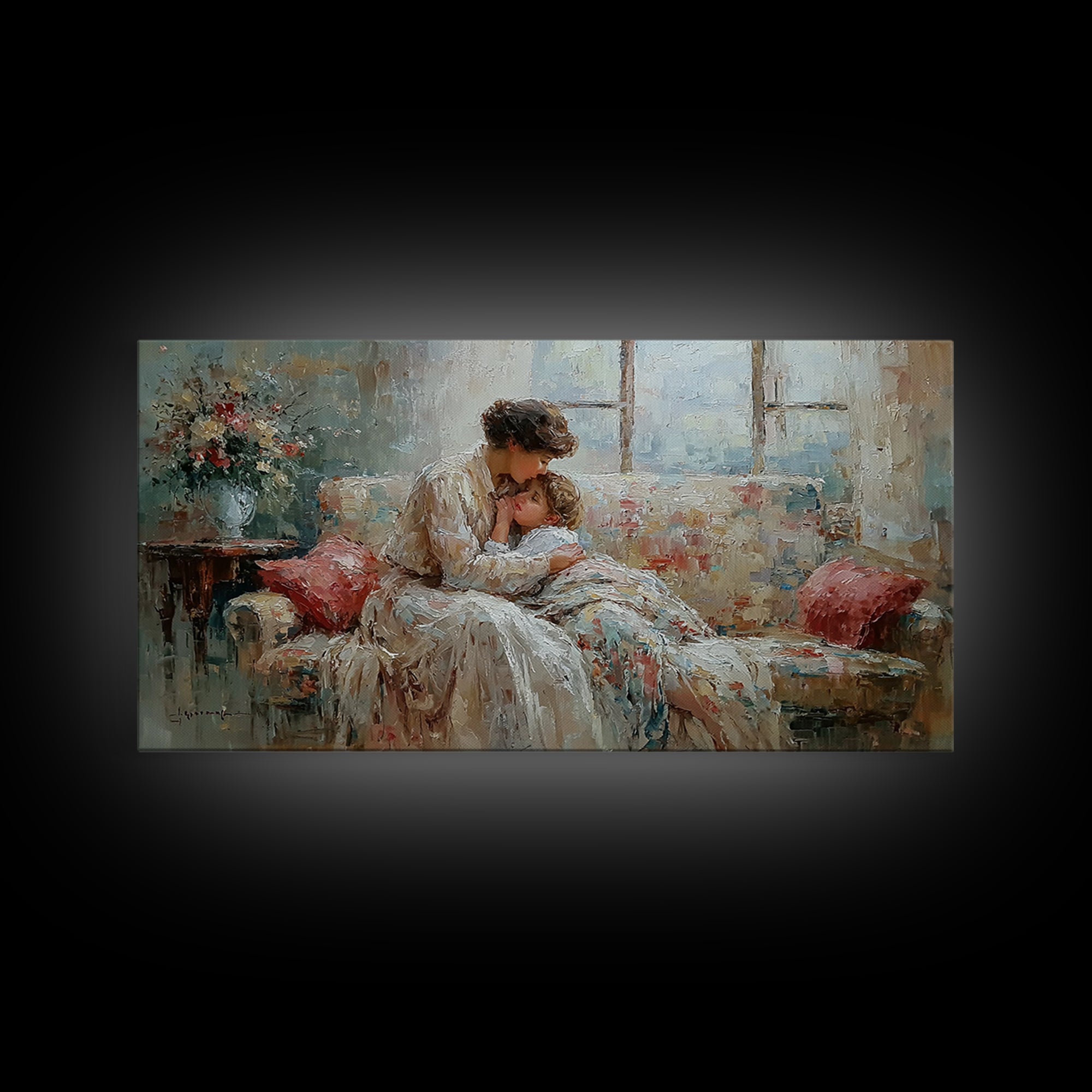 Mother And Baby Morning Embrace Wall Art, Impressionist Nursery Decor, Cozy Bedroom Print, Gift For Mom, Framed Fine Art
