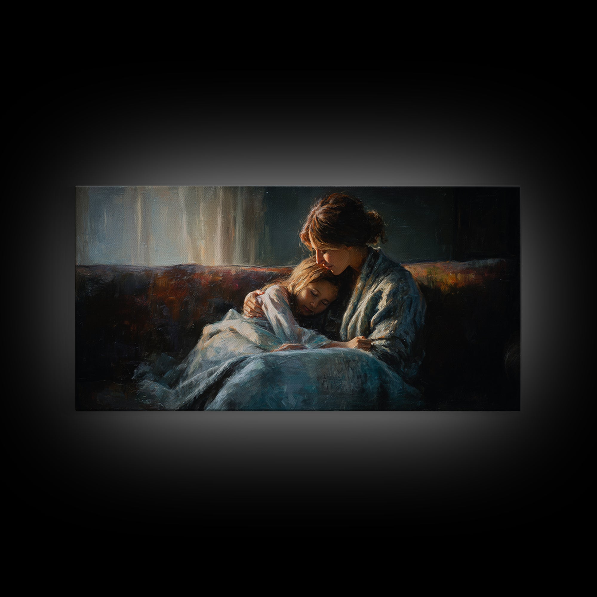 Mother And Sleeping Child Canvas Print, Moody Impressionist Wall Decor, Cozy Bedroom Art, Gift For Her, Warm Home Decor Print