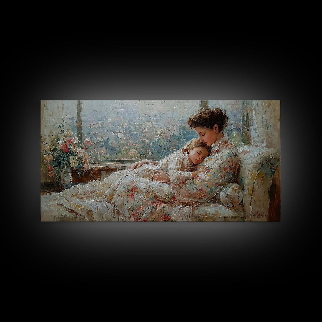 Tender Mother And Child Framed Canvas Print, Soft Impressionist Wall Art, Nursery Decor, Bedroom Wall Decor, Gift For Mom