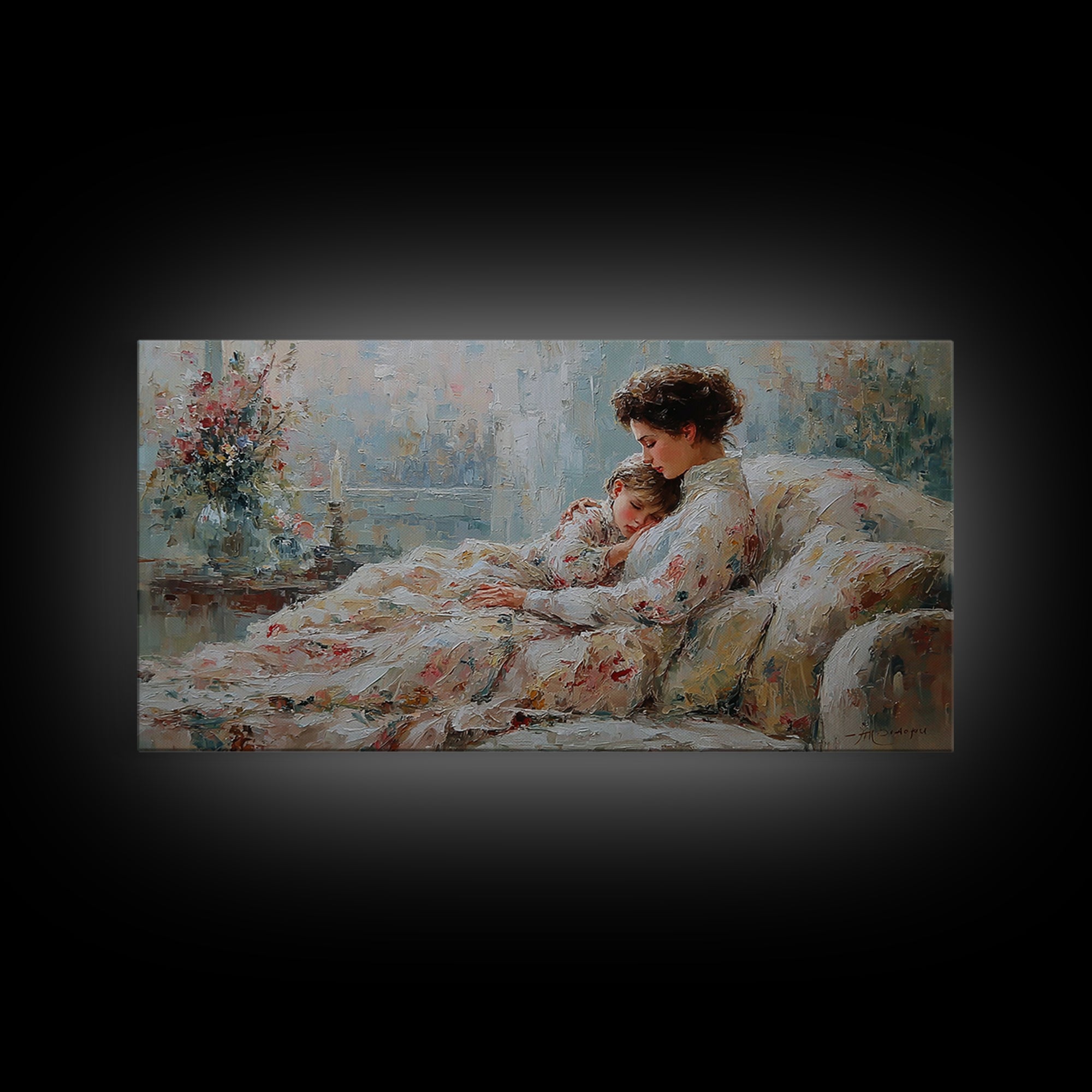 Mother And Child Floral Blanket Wall Art, Impressionist Canvas Print, Cozy Nursery Decor, Feminine Bedroom Art, Gift For Her