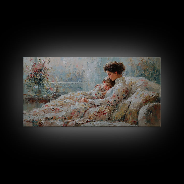 Mother And Child Floral Blanket Wall Art, Impressionist Canvas Print, Cozy Nursery Decor, Feminine Bedroom Art, Gift For Her