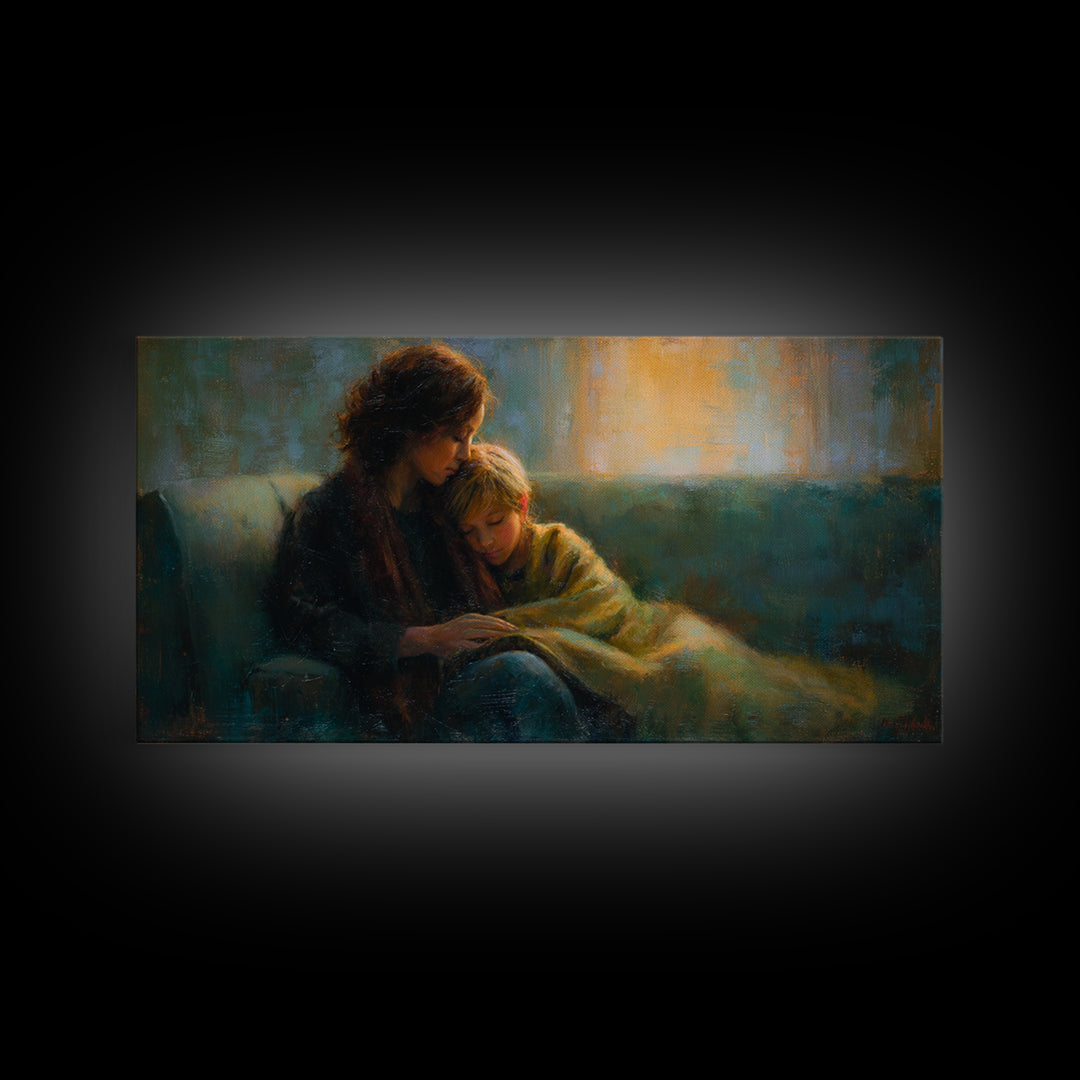 Mother Comforting Child Canvas Print, Moody Figurative Wall Art, Warm Living Room Decor, Cozy Bedroom Print, Gift For Mom