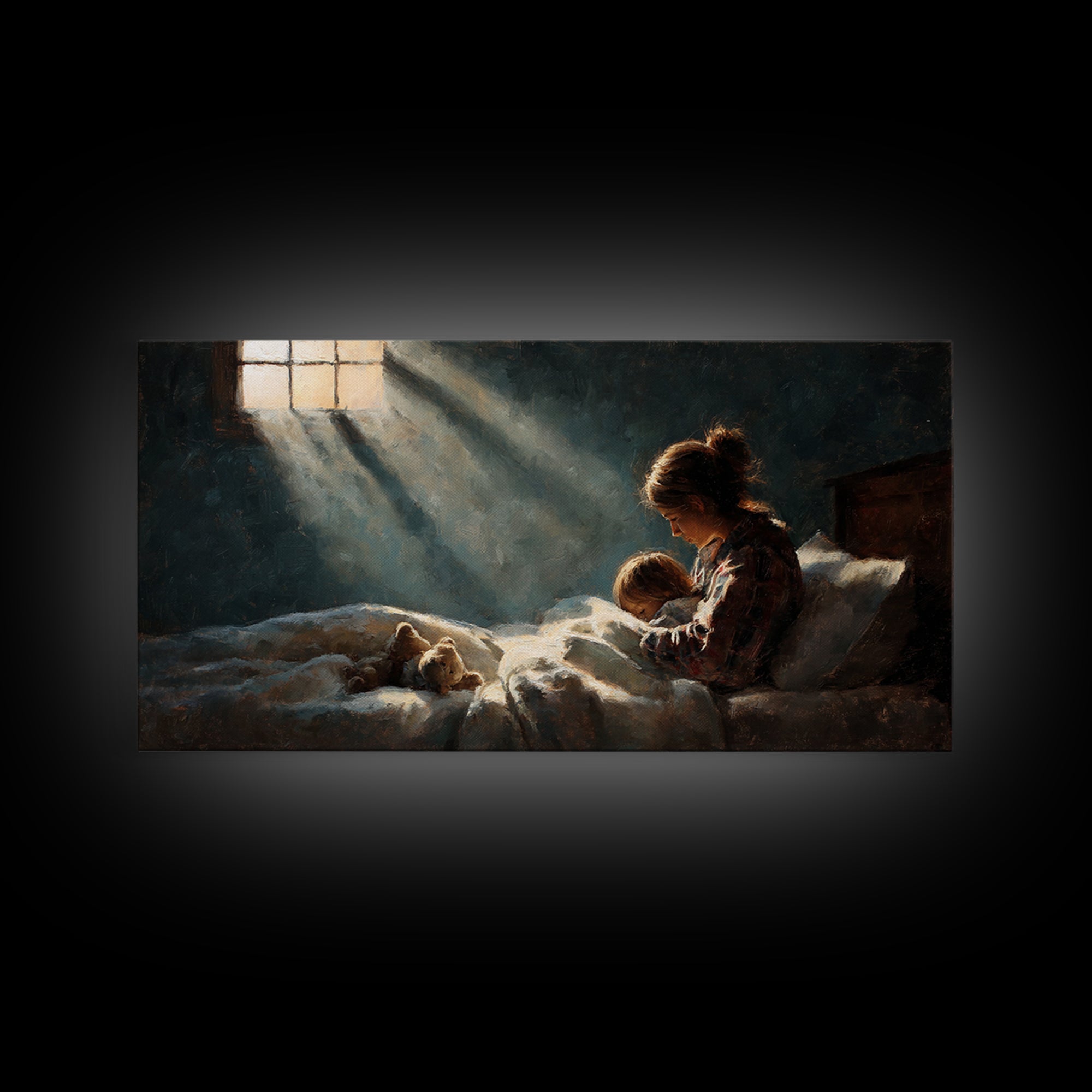 Mother Tucking Child Into Bed Wall Art, Sunlit Impressionist Nursery Decor, Cozy Bedroom Wall Decor, Teddy Bear Art Print