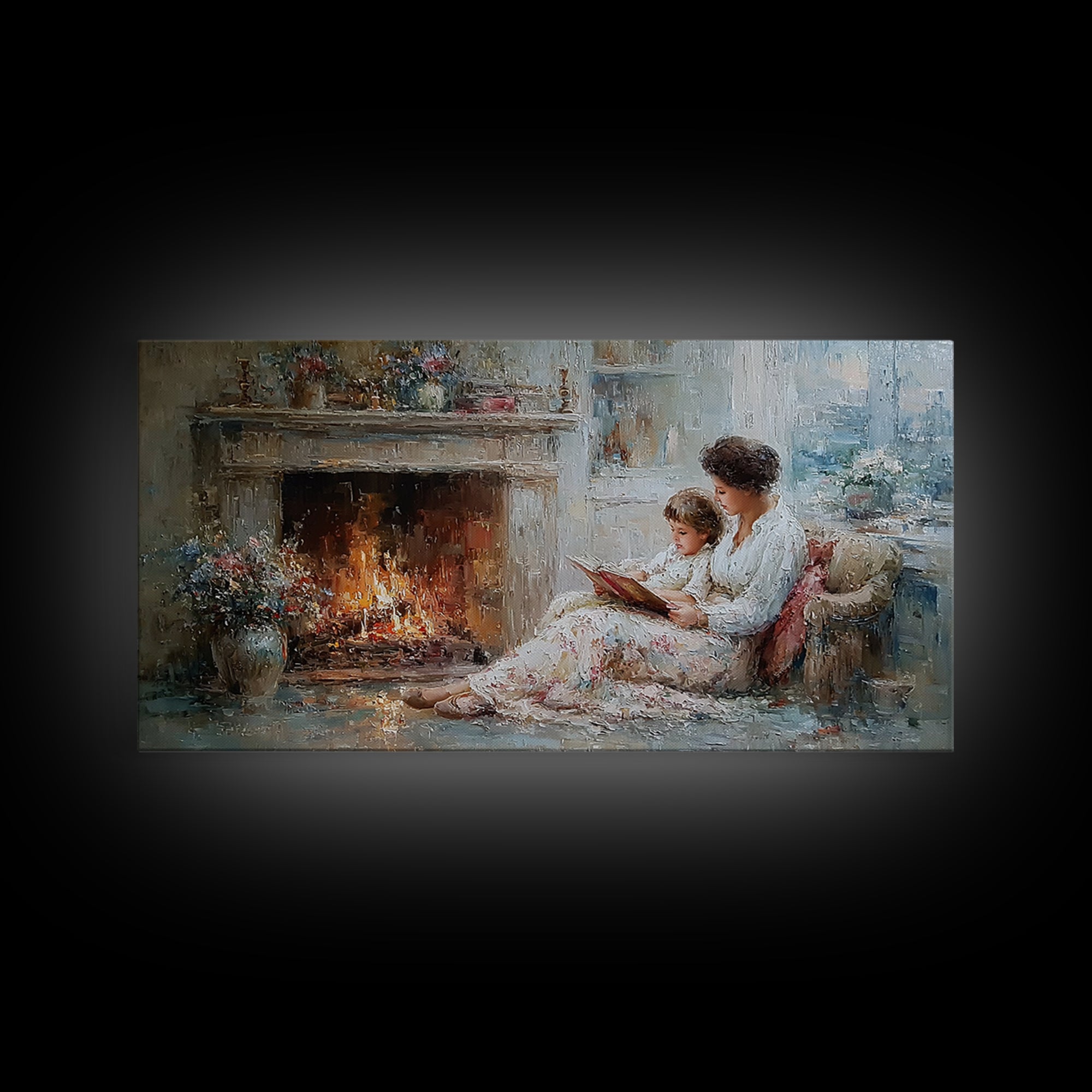 Mother And Child Reading By Fireplace Framed Canvas Print, Cozy Living Room Wall Art, Storybook Nursery Decor, Gift For Mom