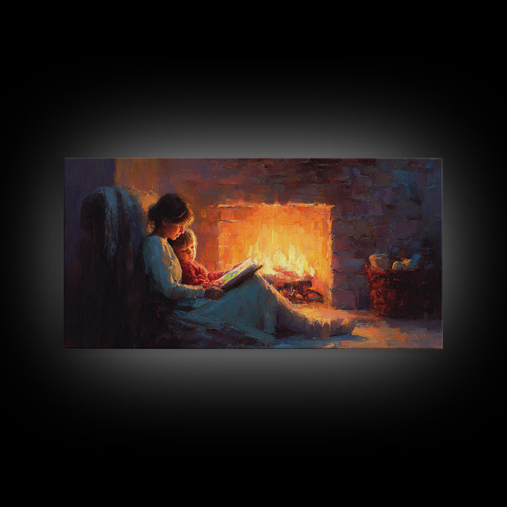 Mother And Child Fireside Reading Canvas Print, Warm Storybook Wall Art, Cozy Cabin Decor, Nursery Art, Gift For Book Lover