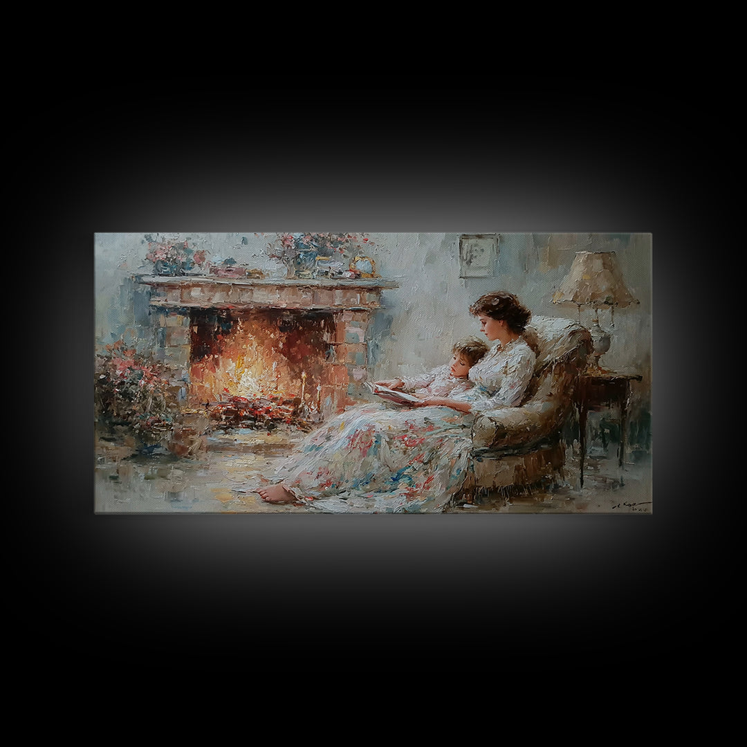 Mother And Child Reading Near Fireplace Wall Art, Impressionist Living Room Decor, Cozy Bedroom Art, Housewarming Gift Print