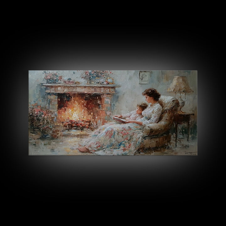 Mother And Child Reading Near Fireplace Wall Art, Impressionist Living Room Decor, Cozy Bedroom Art, Housewarming Gift Print