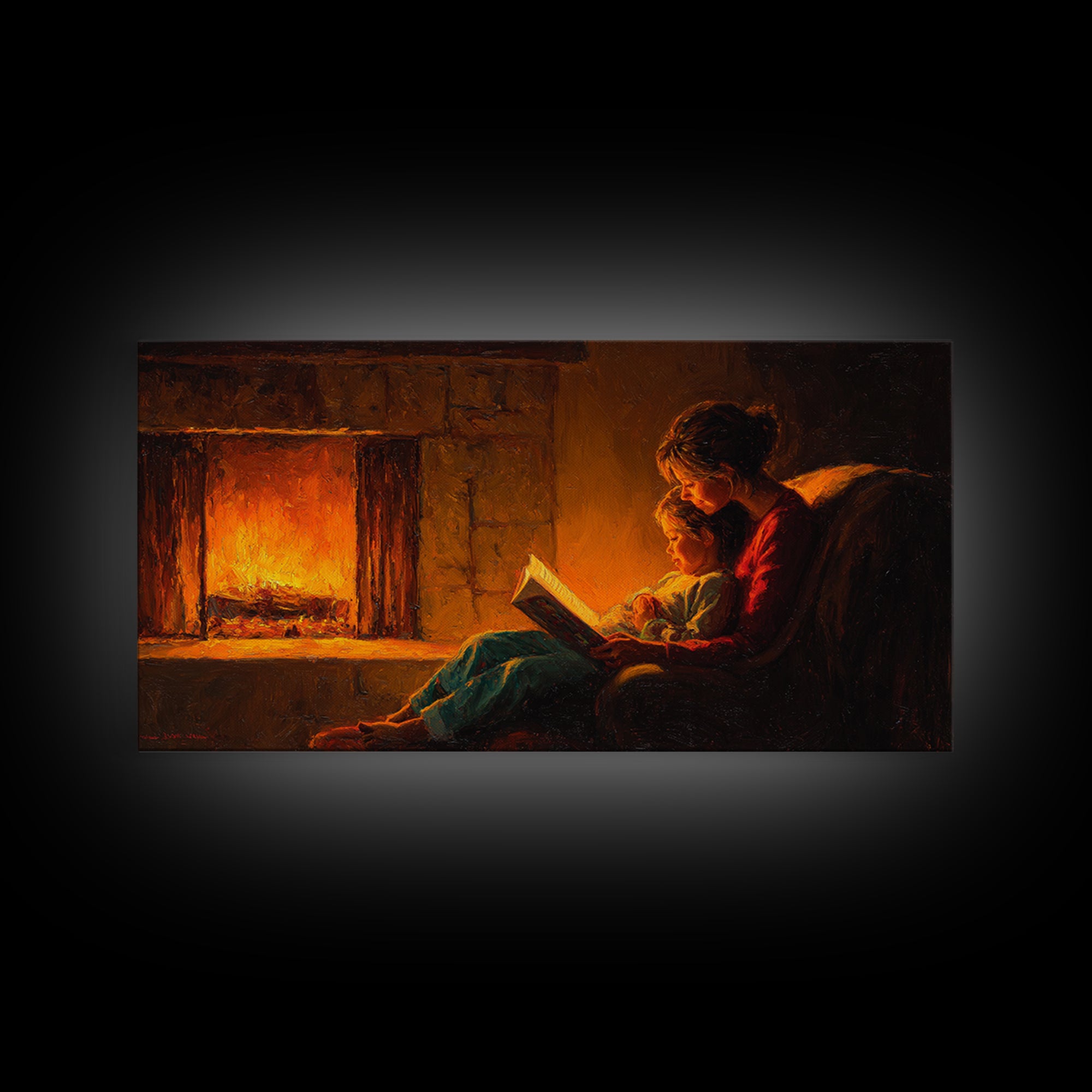 Cozy Mother And Child Reading Framed Canvas Print, Warm Fireplace Wall Art, Storybook Bedroom Decor, Gift For Mom, Fine Art