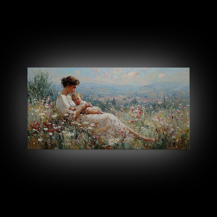 Mother And Baby Wildflower Meadow Wall Art, Impressionist Landscape Canvas Print, Nursery Decor, Gift For Mom, Home Decor