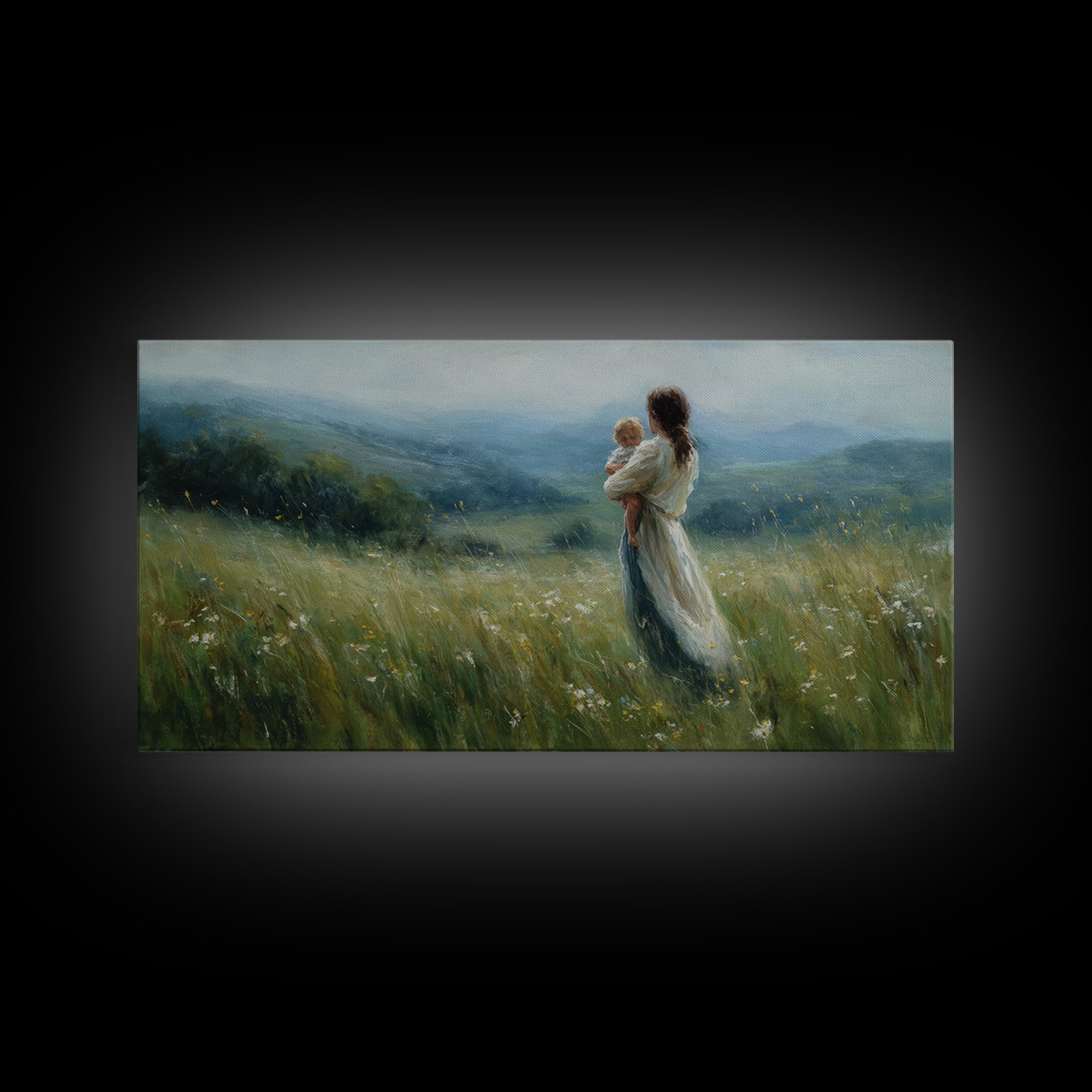 Mother Holding Baby In Misty Meadow Wall Art, Impressionist Landscape Painting, Serene Nursery Decor, Gift For Mom, Home Decor