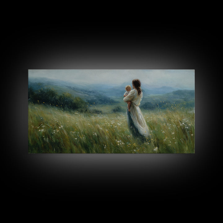 Mother Holding Baby In Misty Meadow Wall Art, Impressionist Landscape Painting, Serene Nursery Decor, Gift For Mom, Home Decor