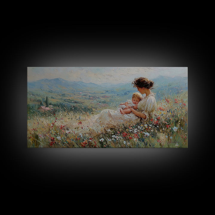 Mother And Infant In Flower Meadow Wall Art, Impressionist Landscape Canvas Print, Feminine Nursery Decor, Gift For Mom, Home Decor