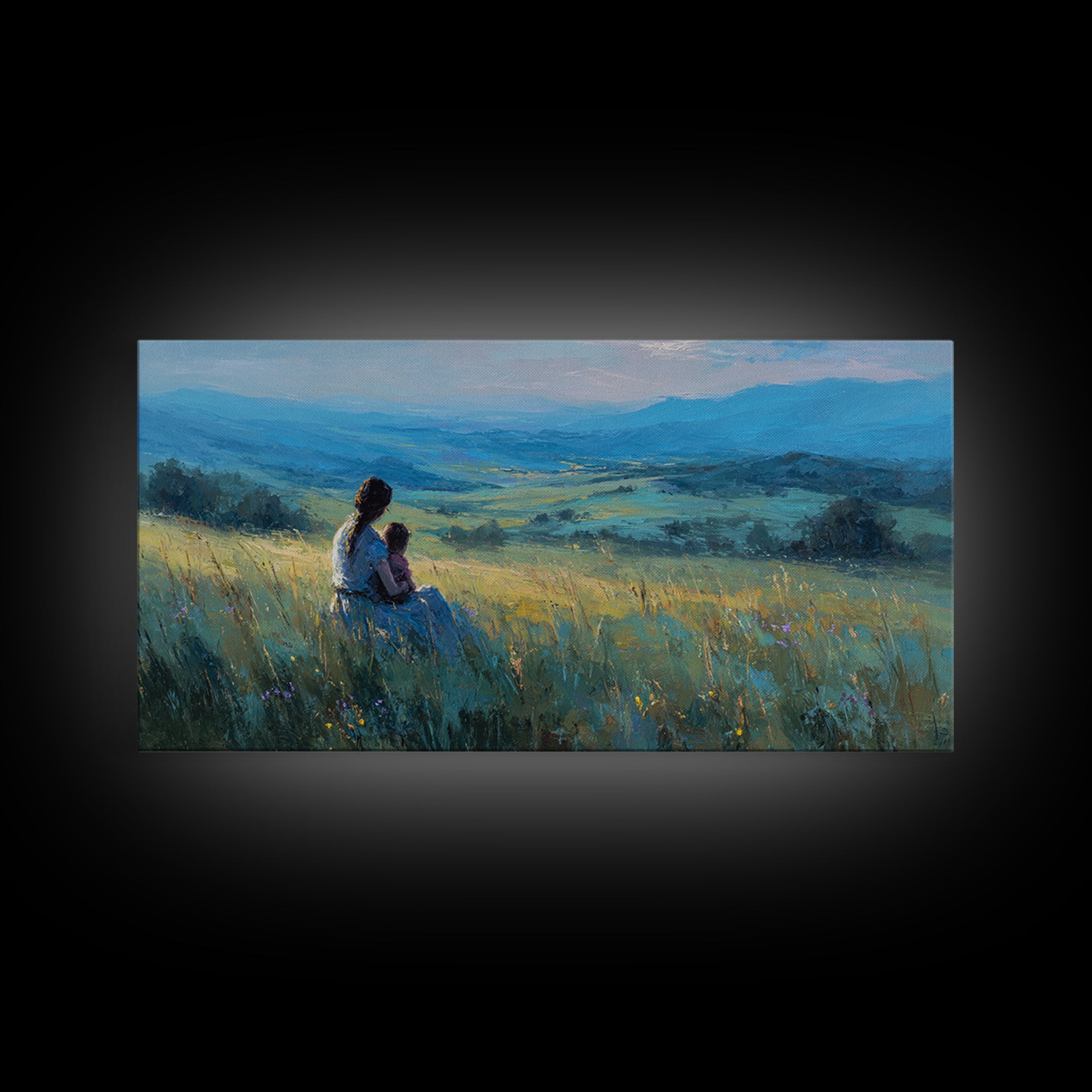 Mother And Child Over Blue Valley Wall Art, Peaceful Landscape Painting, Impressionist Canvas Print, Living Room Decor, Home Decor