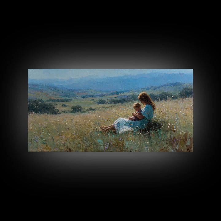 Mother And Baby In Golden Meadow Wall Art, Impressionist Mountain Landscape Canvas Print, Nursery Decor, Housewarming Gift