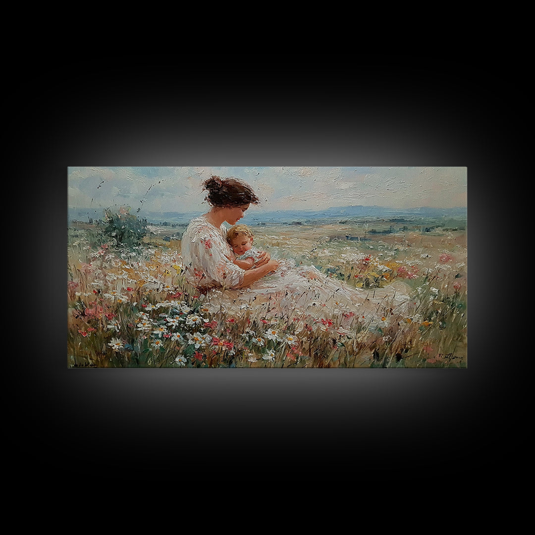 Mother Cuddling Baby In Daisy Meadow Wall Art, Textured Impressionist Canvas Print, Feminine Nursery Decor, Gift For Her