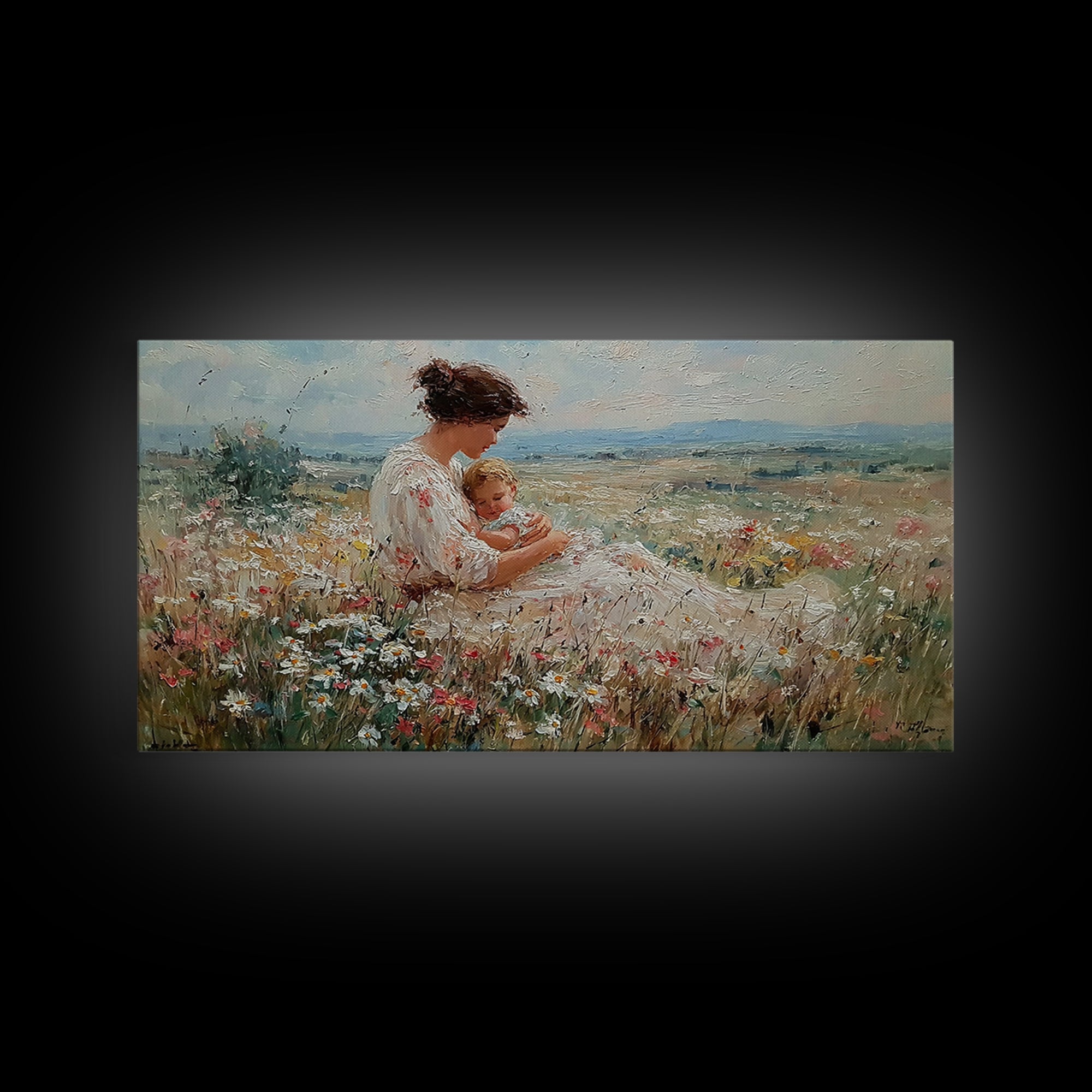 Mother Cuddling Baby In Daisy Meadow Wall Art, Textured Impressionist Canvas Print, Feminine Nursery Decor, Gift For Her