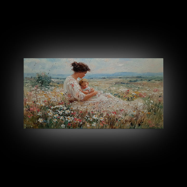 Mother Cuddling Baby In Daisy Meadow Wall Art, Textured Impressionist Canvas Print, Feminine Nursery Decor, Gift For Her