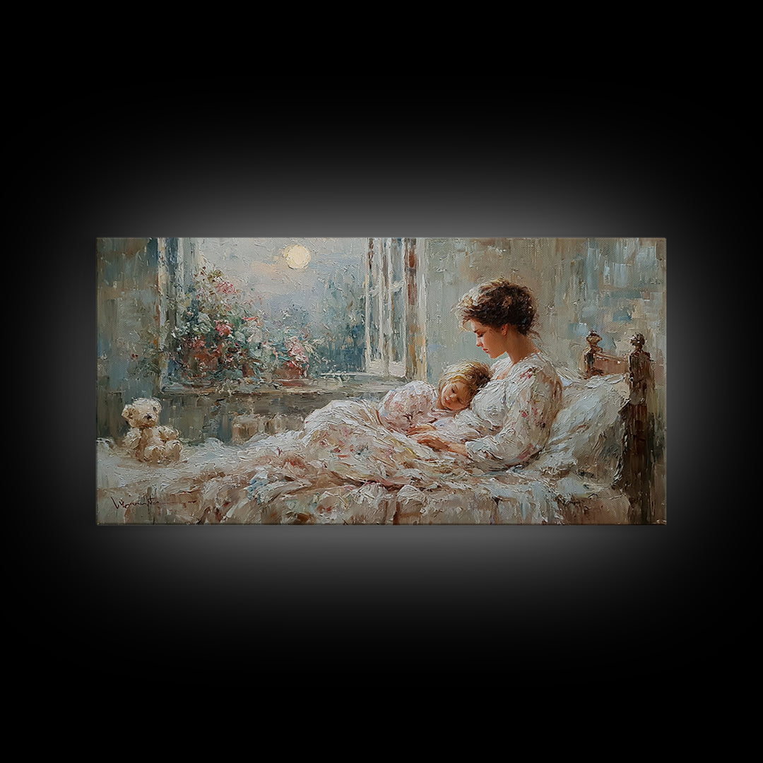 Mother And Child In Moonlit Bedroom Wall Art, Romantic Impressionist Canvas Print, Cozy Nursery Decor, Gift For Mom, Home Decor
