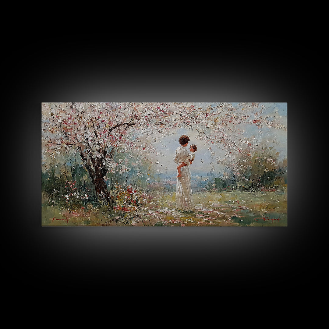 Mother And Baby Under Cherry Blossoms Wall Art, Spring Impressionist Landscape Canvas Print, Pink Floral Decor, Gift For Mom