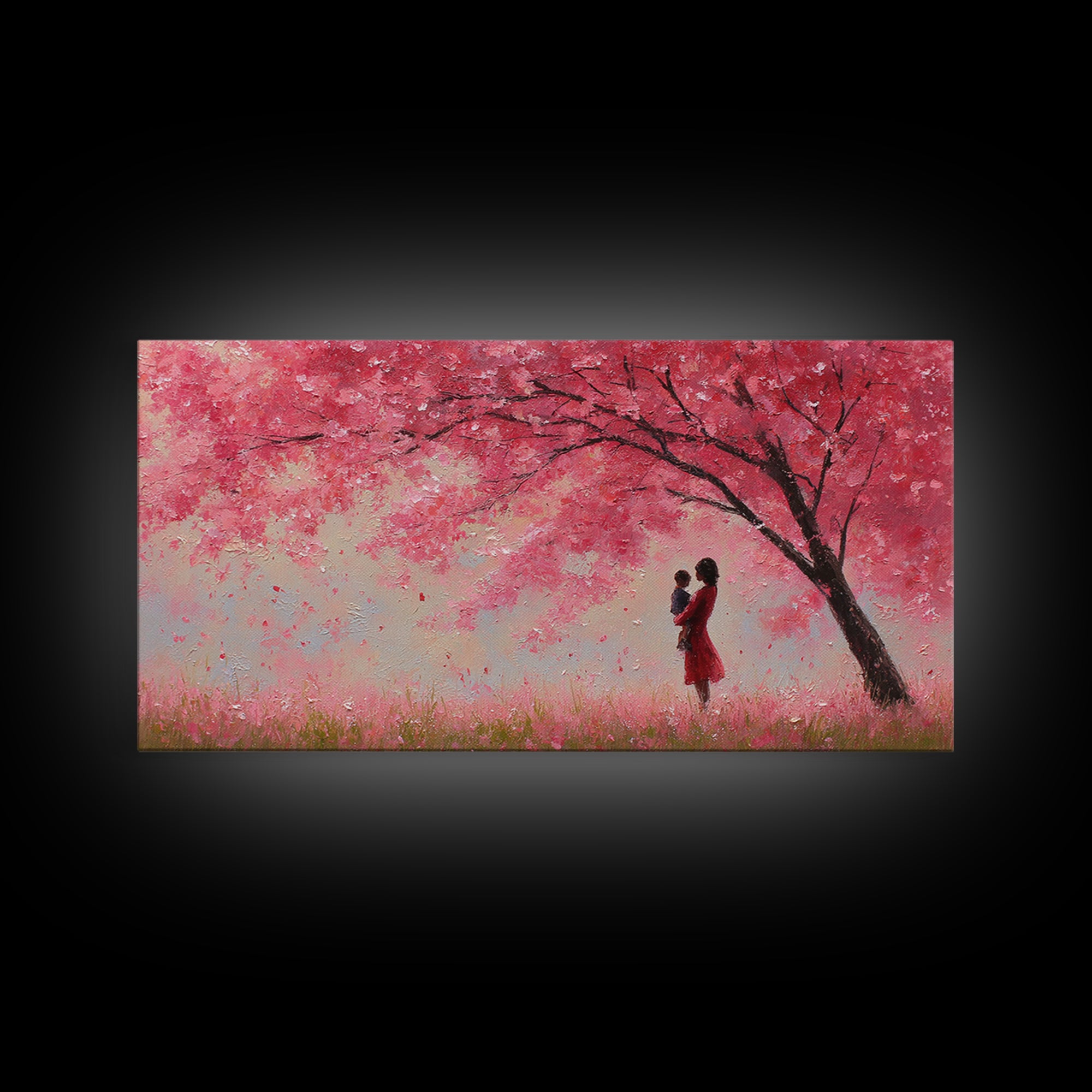 Mother And Baby Beneath Pink Cherry Tree Wall Art, Romantic Spring Landscape Canvas Print, Feminine Decor, Gift For Her, Home Decor