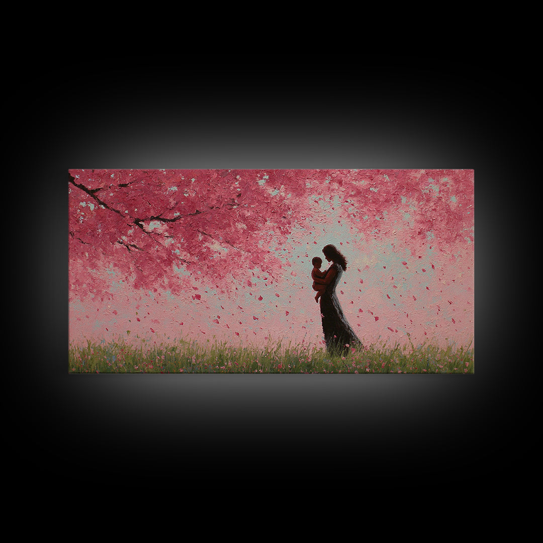 Mother And Child In Pink Blossom Rain Wall Art, Romantic Cherry Blossom Canvas Print, Feminine Bedroom Decor, Gift For Mom