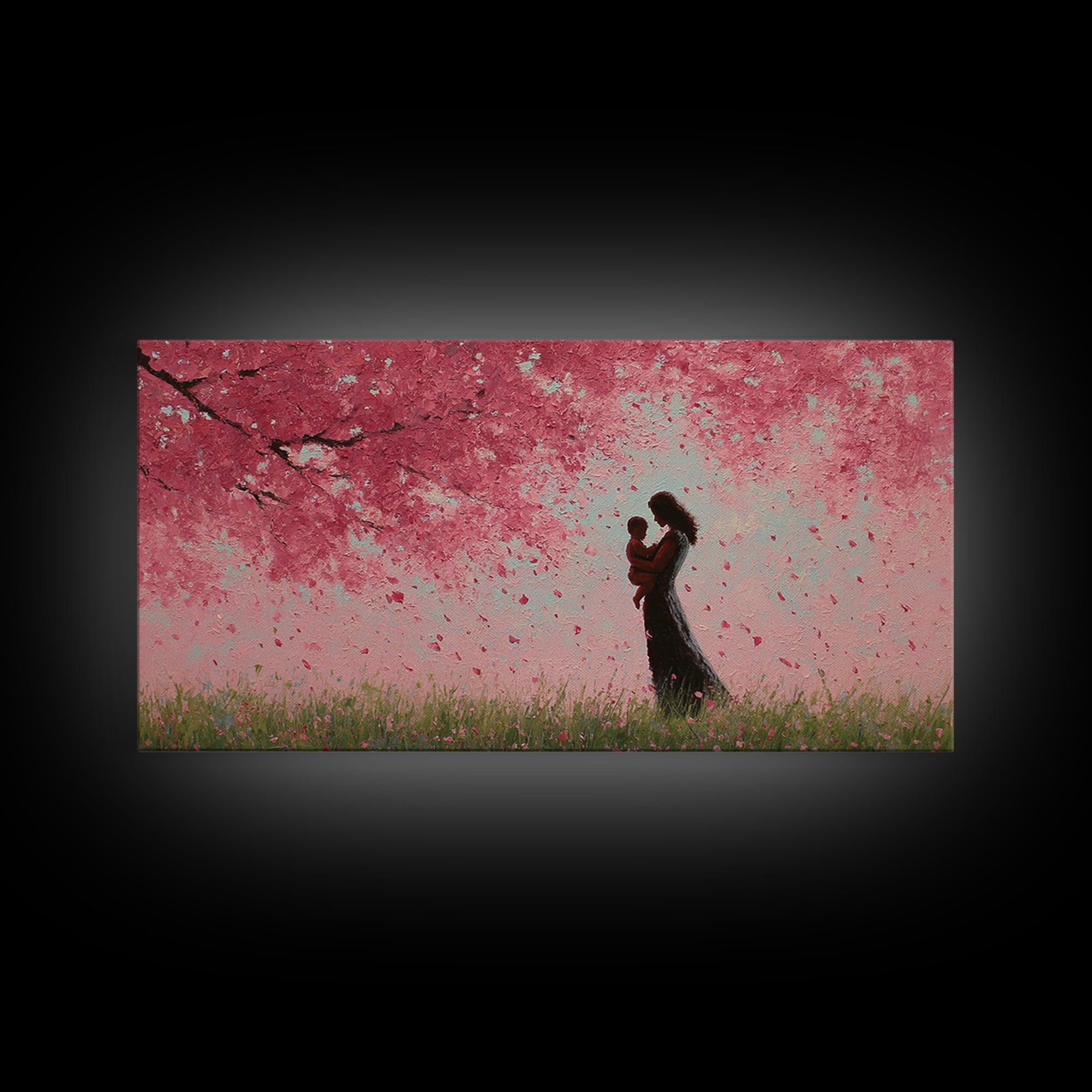Mother And Child In Pink Blossom Rain Wall Art, Romantic Cherry Blossom Canvas Print, Feminine Bedroom Decor, Gift For Mom