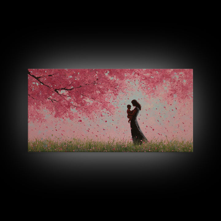 Mother And Child In Pink Blossom Rain Wall Art, Romantic Cherry Blossom Canvas Print, Feminine Bedroom Decor, Gift For Mom