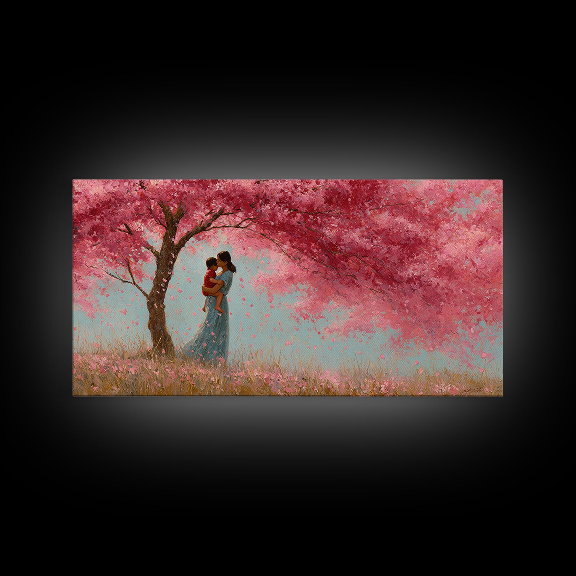 Black Mother And Baby Under Pink Blossoms Wall Art, Angelic Nursery Decor, Feminine Bedroom Print, Gift For Mom, Living Room Decor